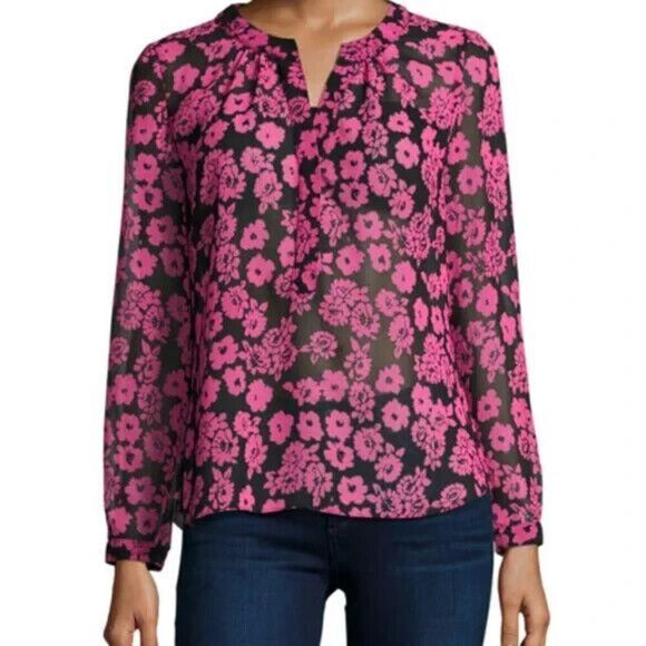 MILLY Blouse Shirt Size 8 Pink Black Brooke Floral Print Chiffon $210 - Picture 1 of 9